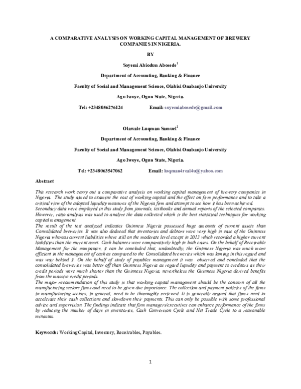 (PDF) A Comparative Analysis On Working Capital Manage-ment Of Brewery ...