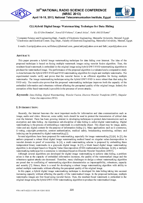 (PDF) Hybrid Digital Image Watermarking Technique for Data Hiding