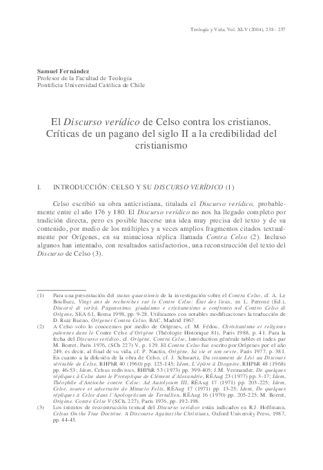 (PDF) El Discurso Veridico de Celso Contra los Cristianos
