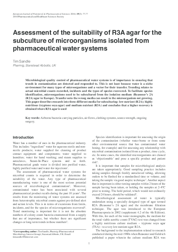 (PDF) Assessment of the suitability of R3A agar for the subculture of ...