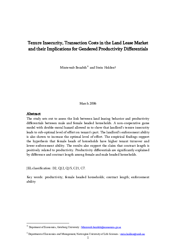 (PDF) Tenure Insecurity, Transaction Costs in the Land Lease Market and ...