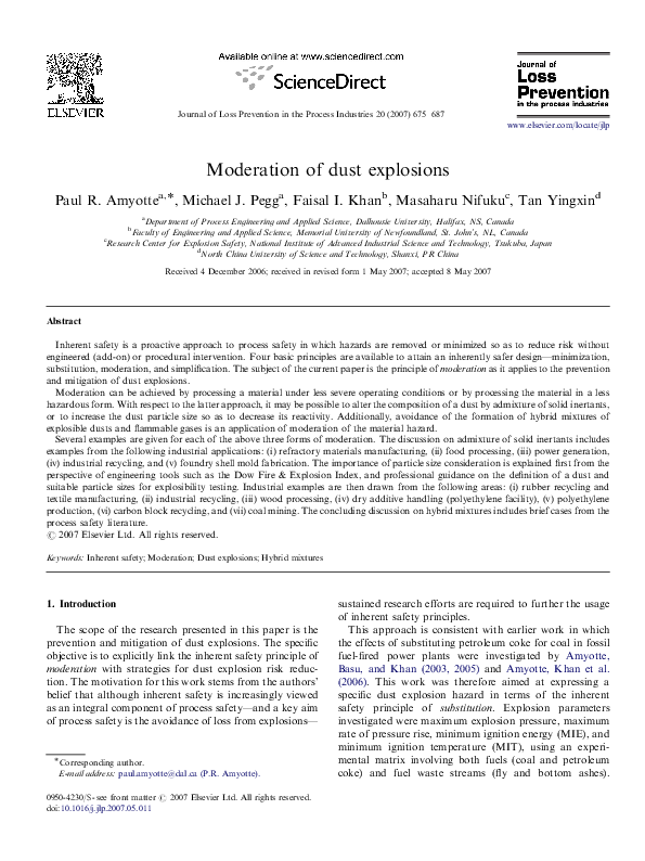 (PDF) Moderation of dust explosions