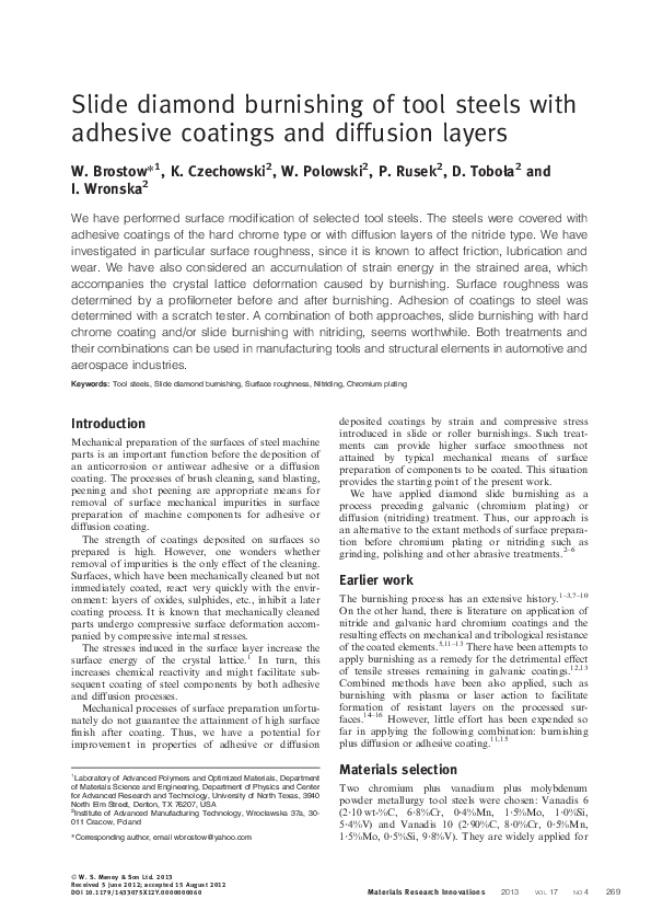 (PDF) Slide diamond burnishing of tool steels with adhesive coatings and diffusion layers