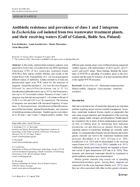 (PDF) Antibiotic resistance and prevalence of class 1 and 2 integrons ...
