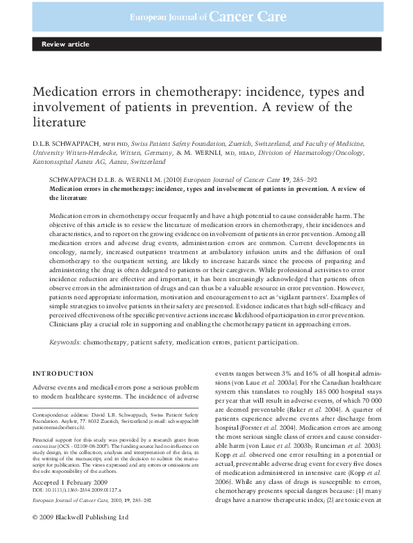 (PDF) Medication errors in chemotherapy: incidence, types and ...