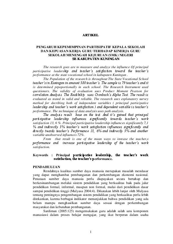 Doc Artikel Pengaruh Kepemimpinan Partisipatif Kepala Sekolah Dan Kepuasan Kerja Guru Terhadap Kinerja Guru Dies Pria Academia Edu