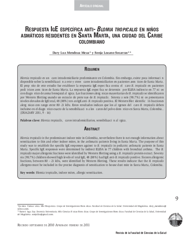(PDF) Respuesta IgE específica antiBlomia tropicalis en niños asmáticos residentes en Santa (PDF) Respuesta IgE específica antiBlomia tropicalis en niños asmáticos residentes en Santa
