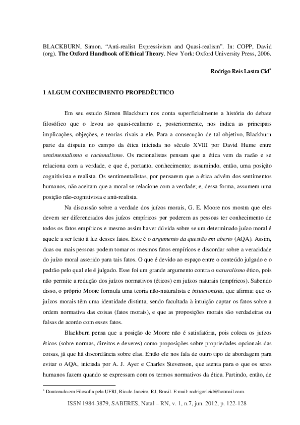 (PDF) Anti-realist Expressivism and Quasi-realism (Simon Blackburn)