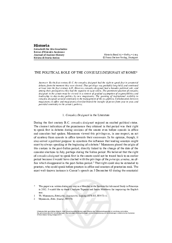 THE POLITICAL ROLE OF THE CONSULES DESIGNATI AT ROME