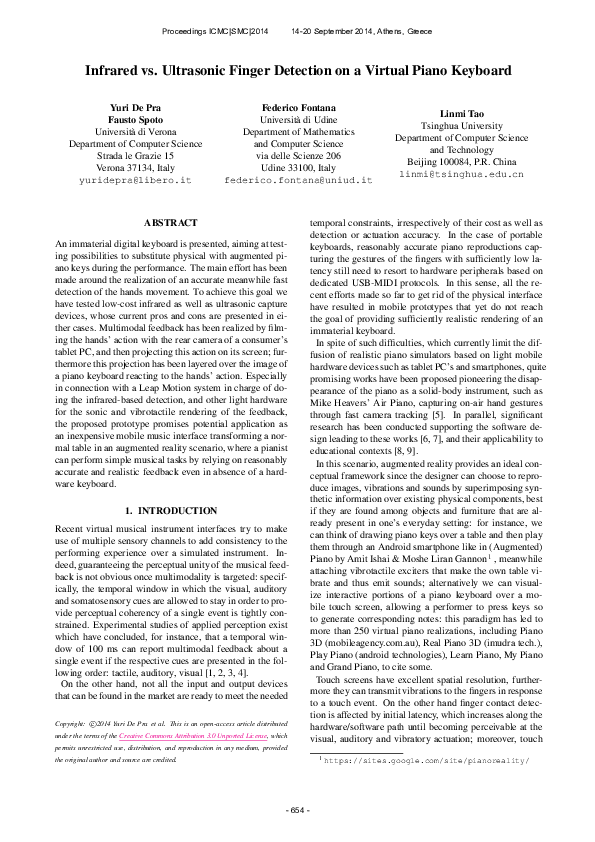 Infrared vs. Ultrasonic Finger Detection on a Virtual Piano Keyboard