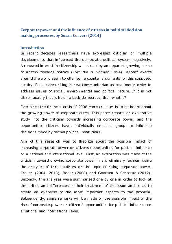 (PDF) Corporate power and the influence of citizens in political