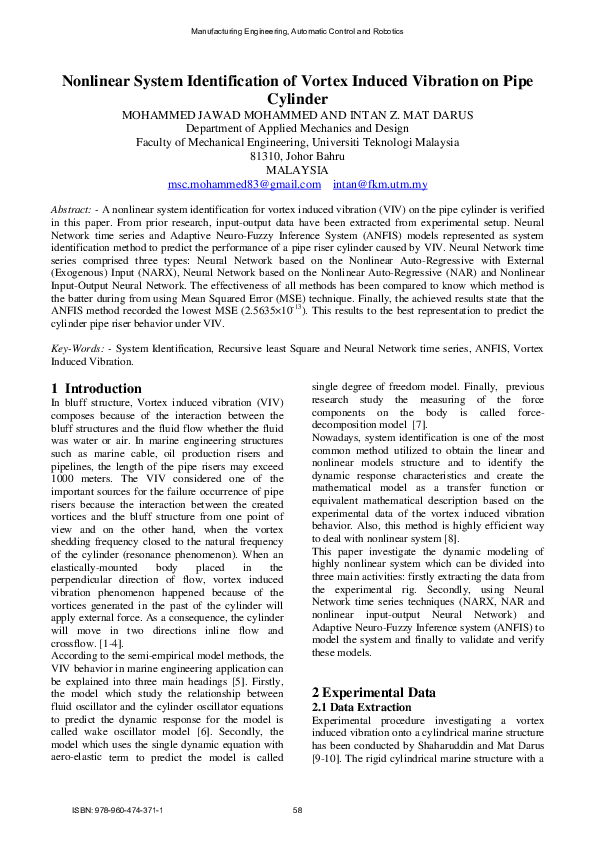 (PDF) Nonlinear System Identification of Vortex Induced Vibration on ...