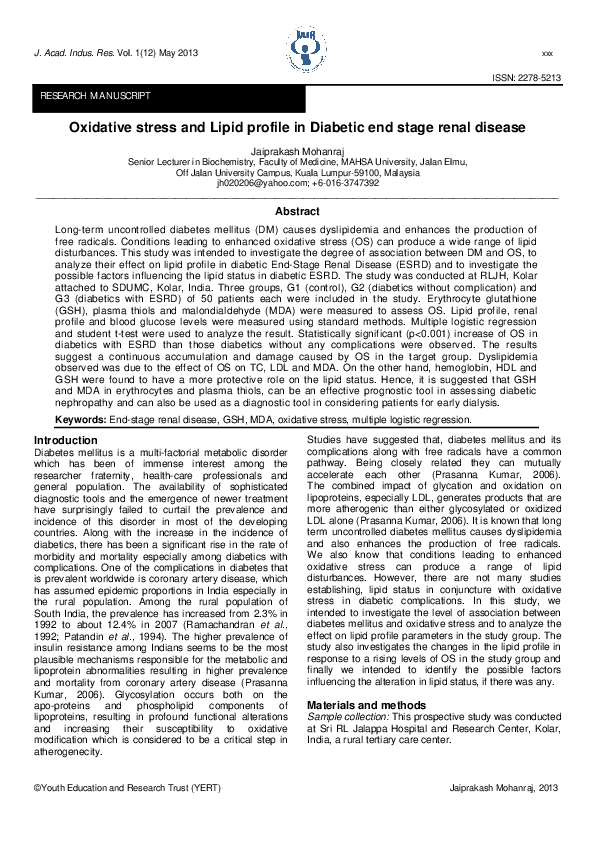 (PDF) Oxidative stress and Lipid profile in Diabetic end stage renal ...