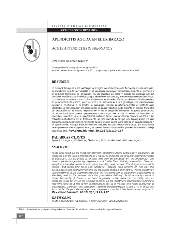 (PDF) ACUTE APPENDICITIS IN PREGNANCY (IN SPANISH) REVISTA CIENCIAS