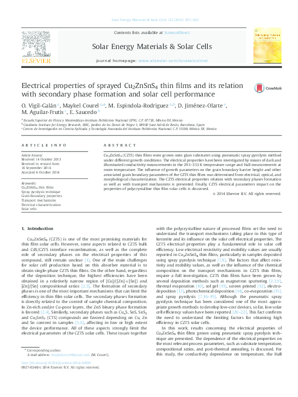 (PDF) Electrical properties of sprayed Cu2ZnSnS4 thin films and its ...