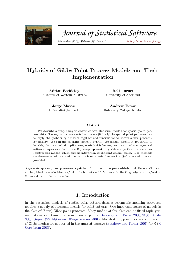 (PDF) Hybrids of Gibbs point process models and their implementation (2013)