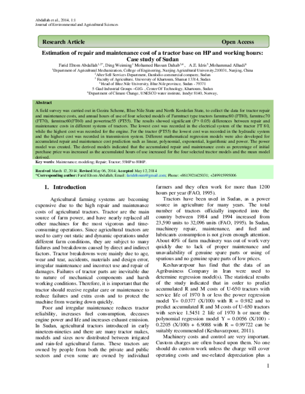 (PDF) Estimation of repair and maintenance cost of a tractor base on HP