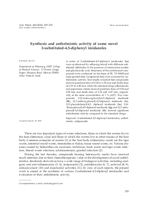 (PDF) Synthesis and anthelmintic activity of some novel 2-substituted-4 ...