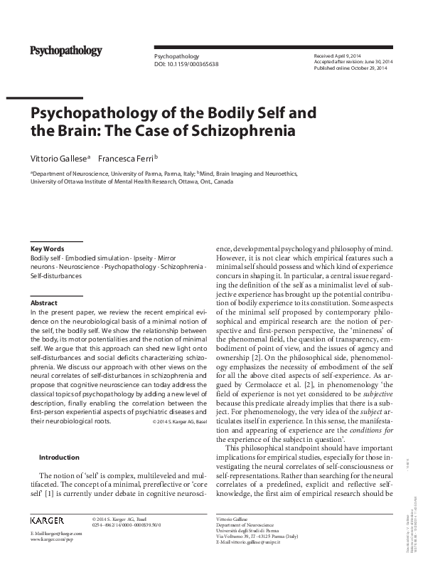 (PDF) Gallese V, Ferri F (2014) Psychopathology of the Bodily Self and ...