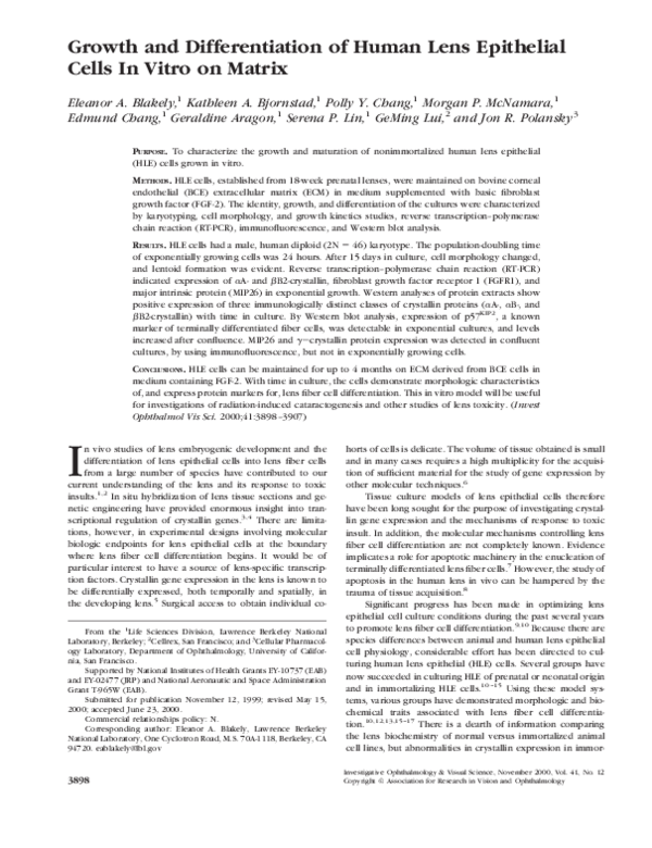 (PDF) Growth and Differentiation of Human Lens Epithelial Cells In ...