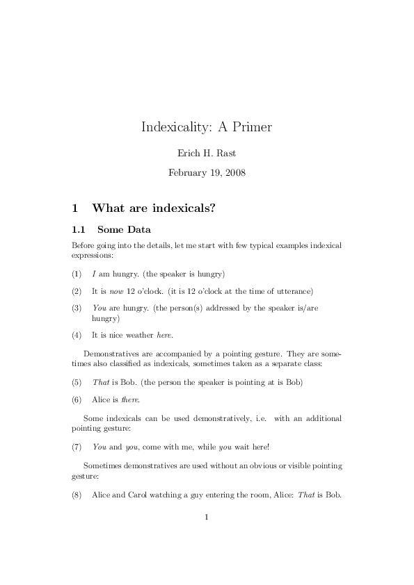 Indexicals A Primer Erich Rast Academia.edu