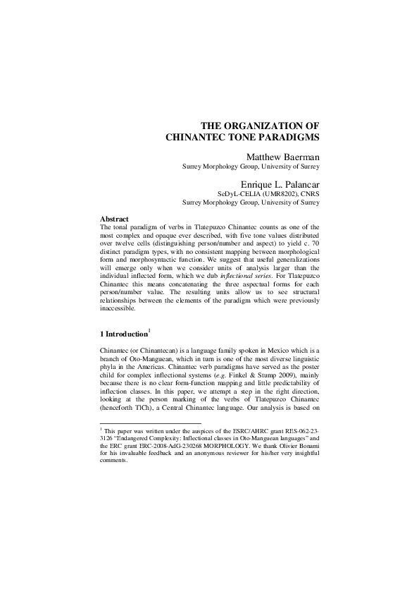 (PDF) The organization of Chinantec tone paradigms (with Matthew Baerman)