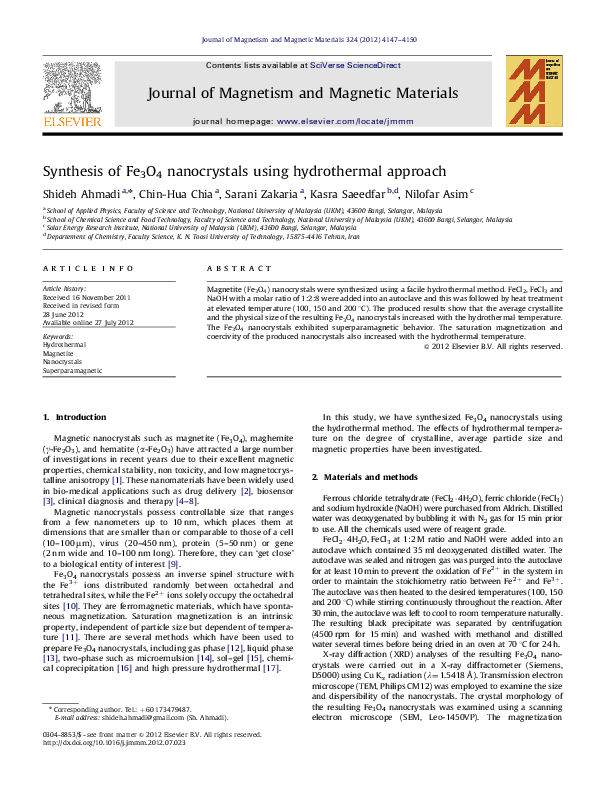 (PDF) Synthesis of Fe3O4 nanocrystals using hydrothermal approach