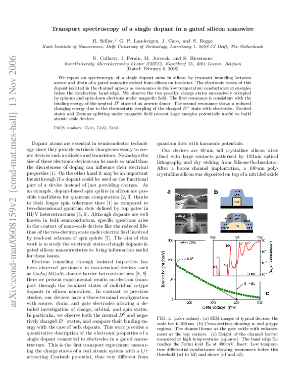 (PDF) Transport Spectroscopy of a Single Dopant in a Gated Silicon Nanowire