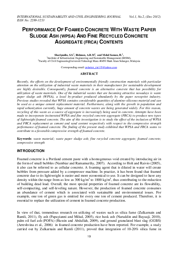 (PDF) PERFORMANCE OF FOAMED CONCRETE WITH WASTE PAPER SLUDGE ASH (WPSA