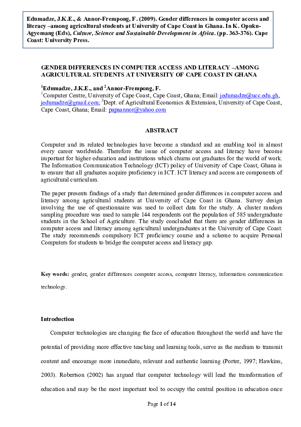 GENDER DIFFERENCES IN COMPUTER ACCESS AND LITERACY –AMONG AGRICULTURAL ...
