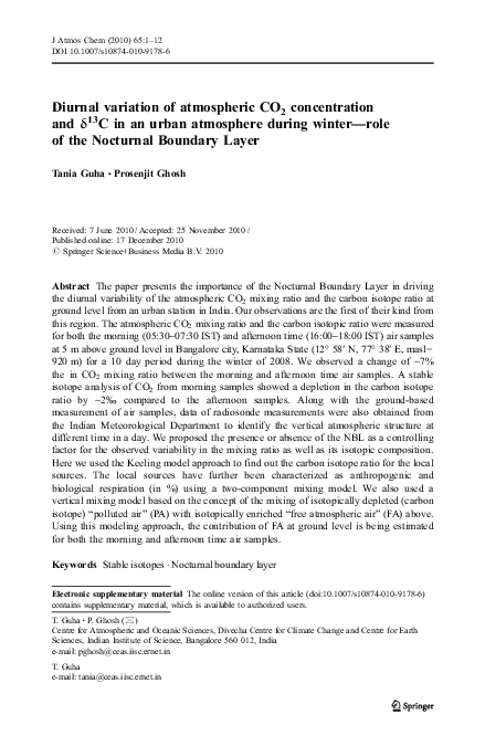 (PDF) Diurnal variation of atmospheric CO 2 concentration and δ 13 C in ...
