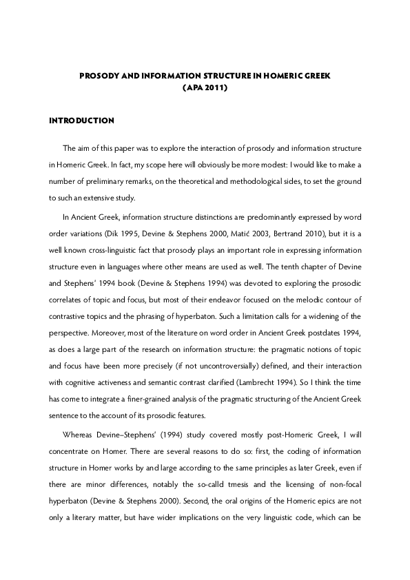 (PDF) Prosody and information structure in Homeric Greek
