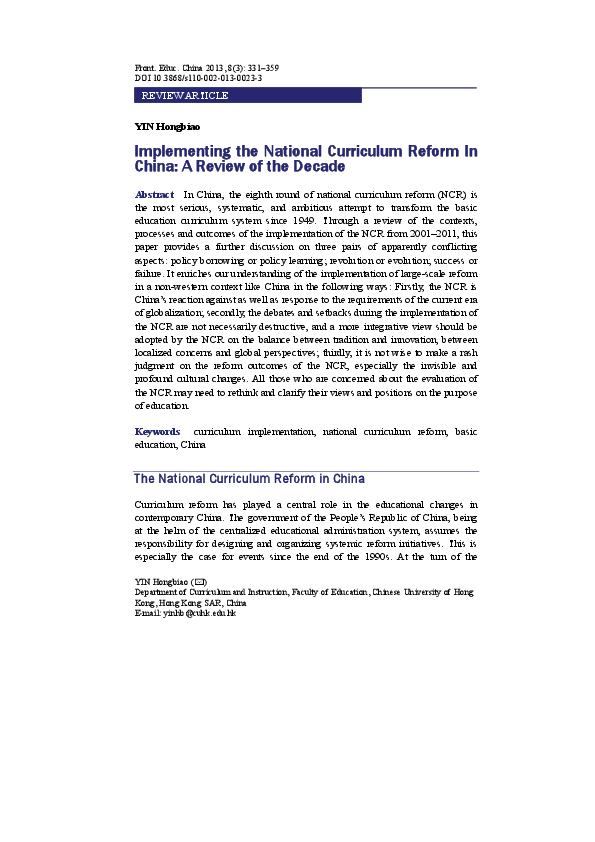 (PDF) Implementing the national curriculum reform in China: A review of ...