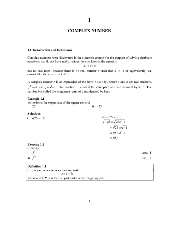 (PDF) COMPLEX NUMBER 1.1 Introduction and Definitions