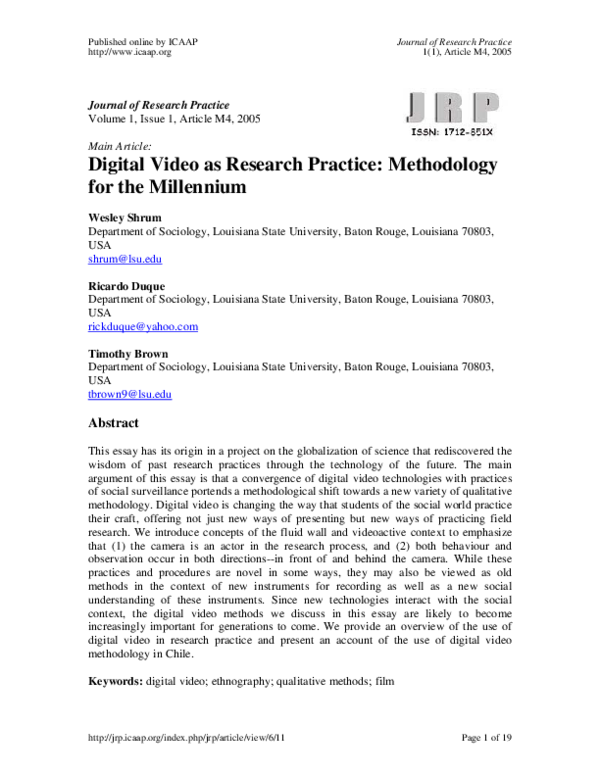 (PDF) Digital Video as Research Practice: Methodology for the Millennium