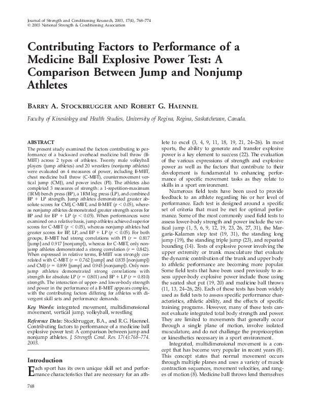 Pdf Contributing Factors To Performance Of A Medicine Ball Explosive