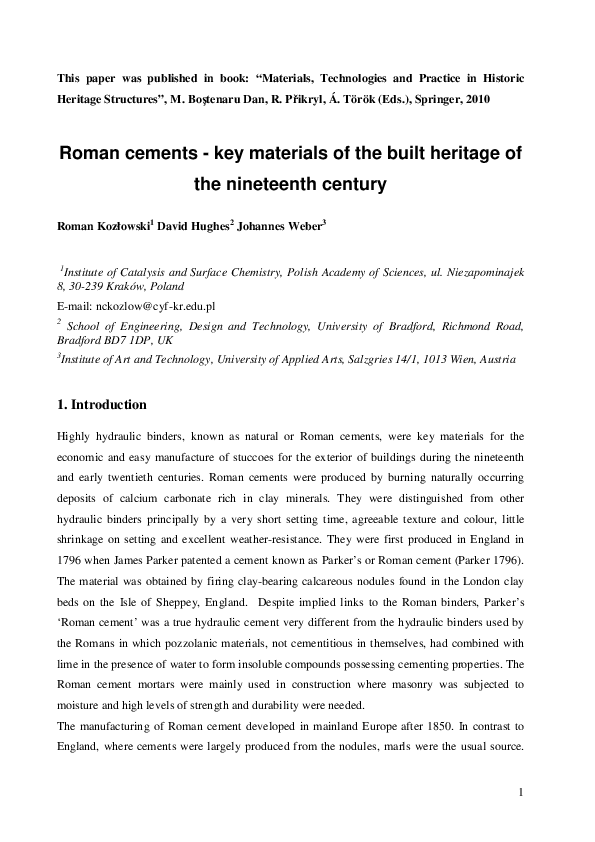 (PDF) Roman cements key materials of the built heritage of the century Diana Rocha