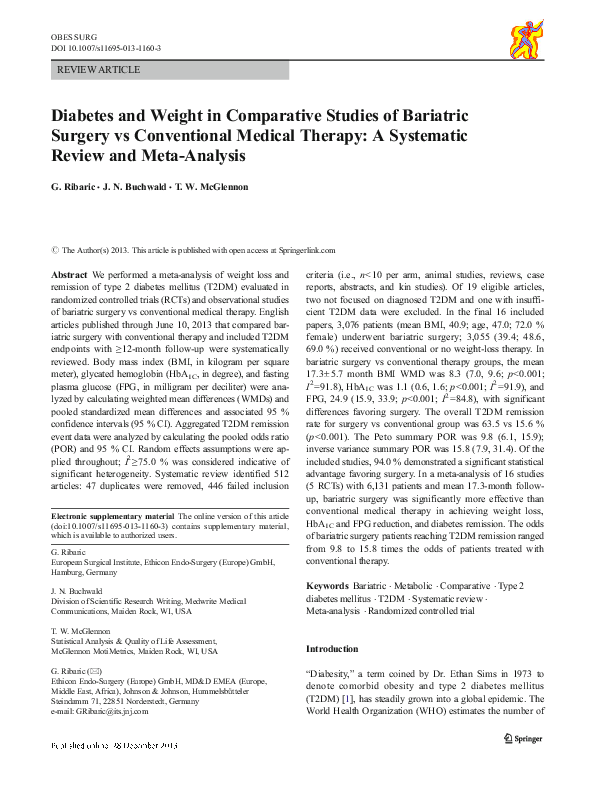 (PDF) Diabetes and Weight in Comparative Studies of Bariatric Surgery ...