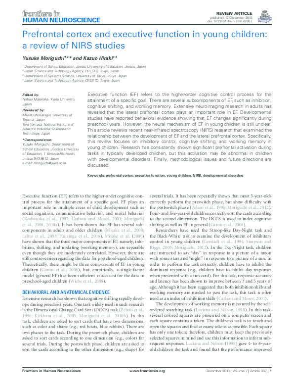 (PDF) Prefrontal cortex and executive function in young children: a ...