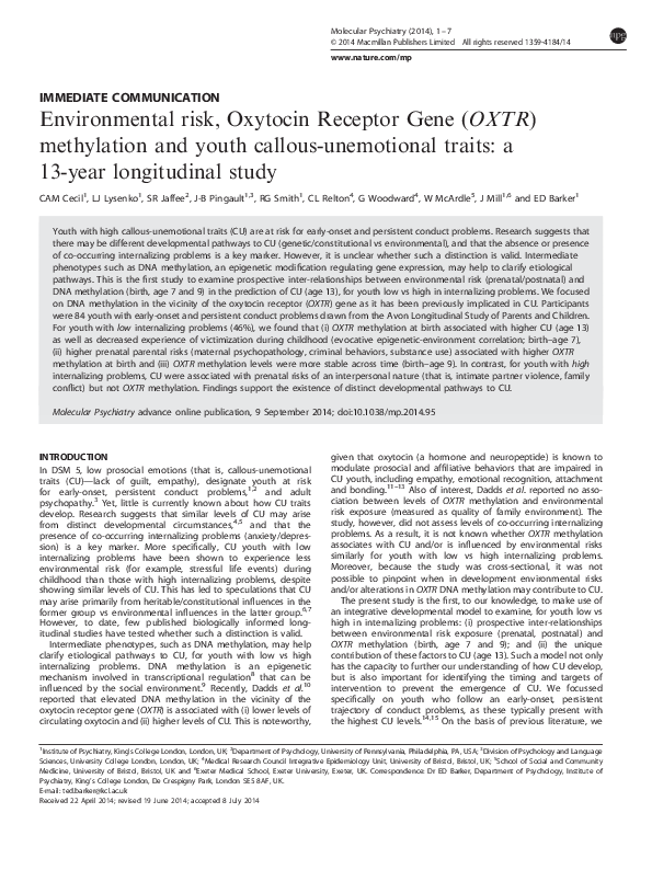 (PDF) Environmental risk, Oxytocin Receptor Gene (OXTR) methylation and ...