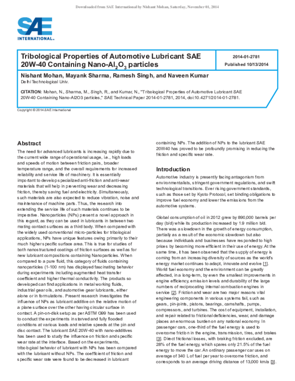 (PDF) Tribological Properties of Automotive Lubricant SAE 20W40