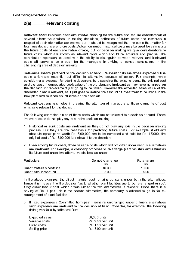 DOC) 332 resource 2(a) Relevant Costing