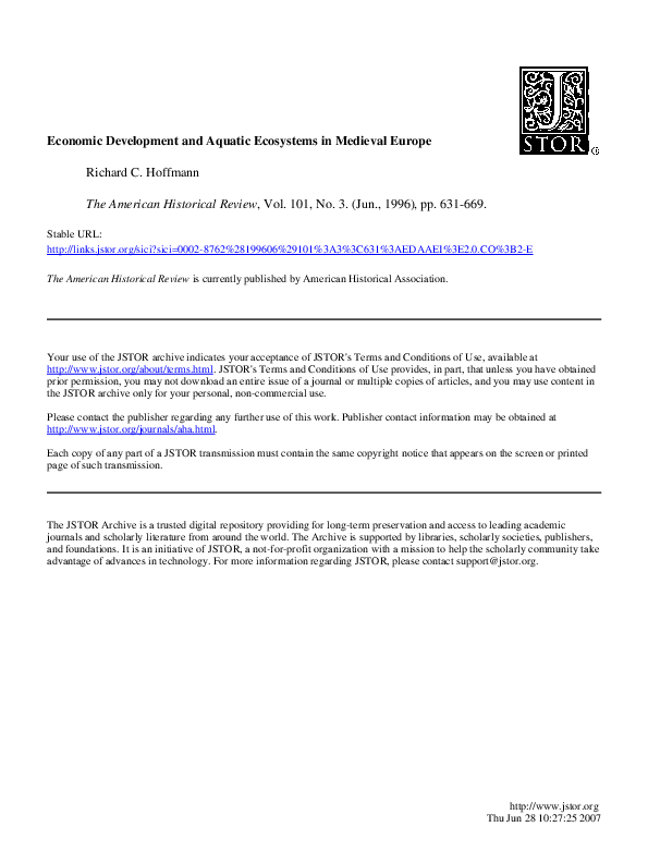 "Economic Development and Aquatic Ecosystems in Medieval Europe," American Historical Review , 101 (1996), 631-669