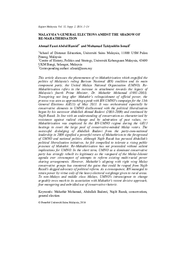 Pdf Malaysia S General Elections Amidst The Shadow Of Re Mahathirisation Ahmad Fauzi Abdul Hamid Academia Edu