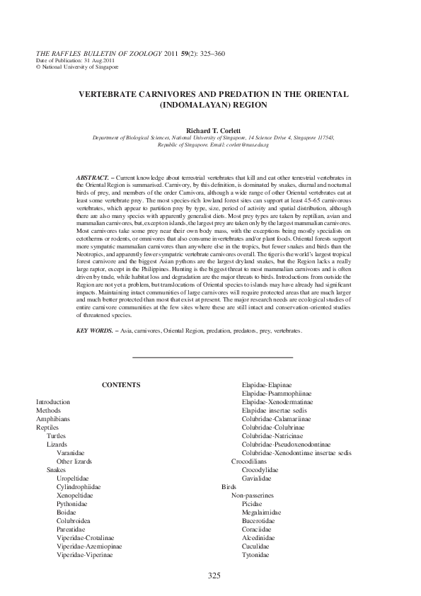 VERTEBRATE CARNIVORES AND PREDATION IN THE ORIENTAL (INDOMALAYAN) REGION