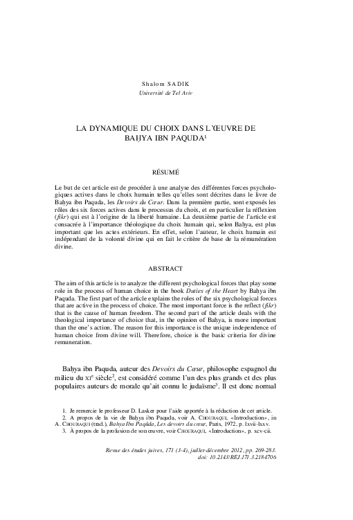 (PDF) La Dynamique du choix dans l'oeuvre de Bahya Ibn Paquda