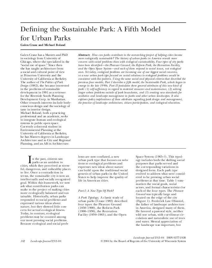 (PDF) Defining the Sustainable Park: A Fifth Model for Urban Parks