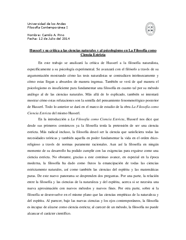 (DOC) Husserl y su crítica a las ciencias naturales y al psicologismo