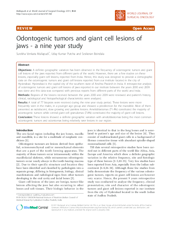 (PDF) Odontogenic tumors and giant cell lesions of jaws - a nine year study
