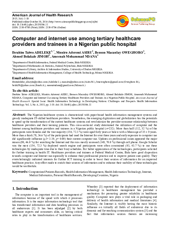 (PDF) Computer and internet use among tertiary healthcare providers and ...